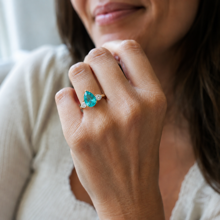 Pear Shape Natural Paraiba Tourmaline Ring with Pear Sidestones Gold Lifestyle