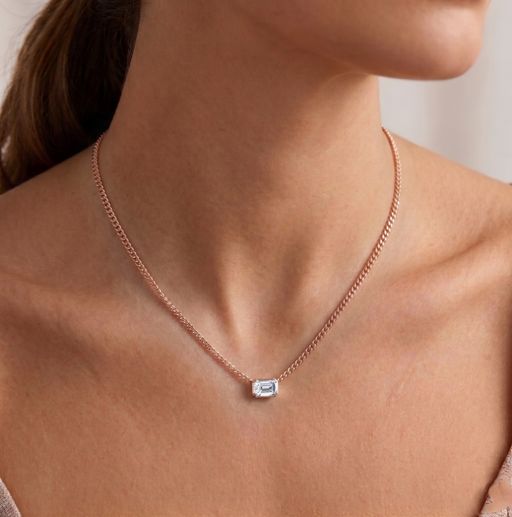 Bezel Set Emerald Cut Natural Diamond Cuban Chain Necklace