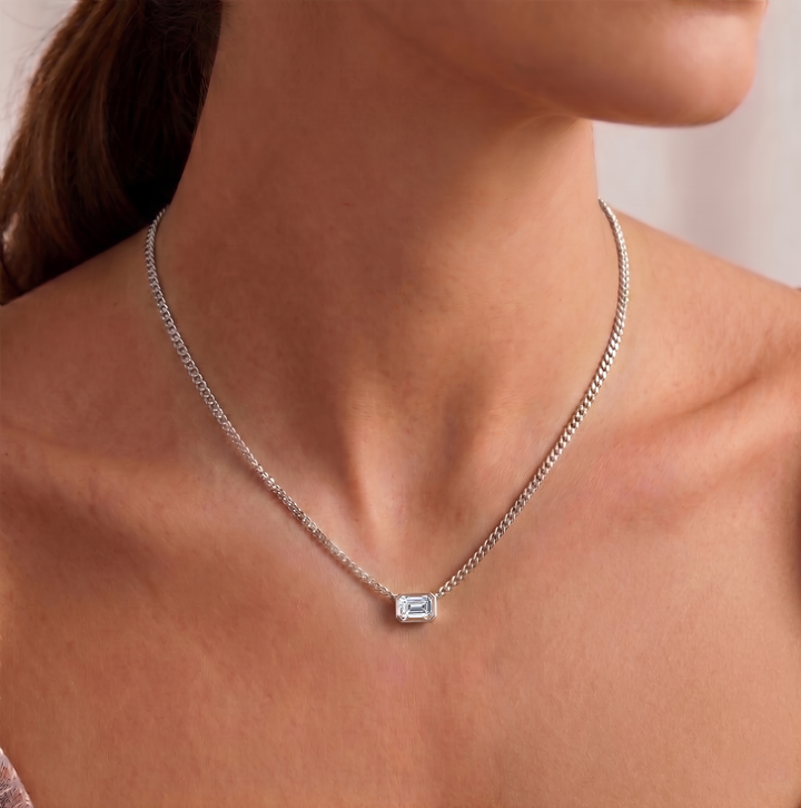 Bezel Set Emerald Cut Natural Diamond Cuban Chain Necklace