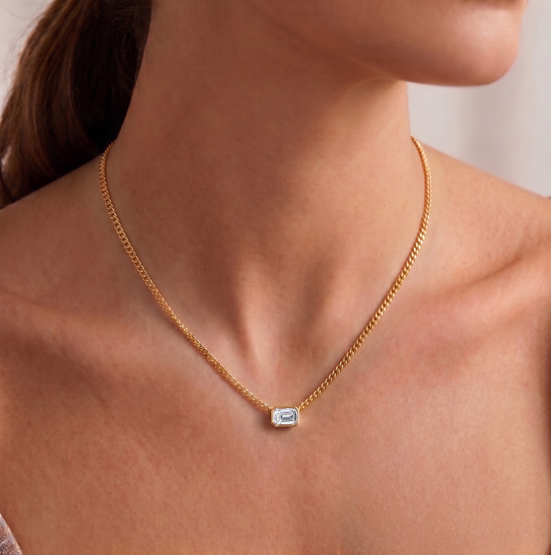 Bezel Set Emerald Cut Natural Diamond Cuban Chain Necklace