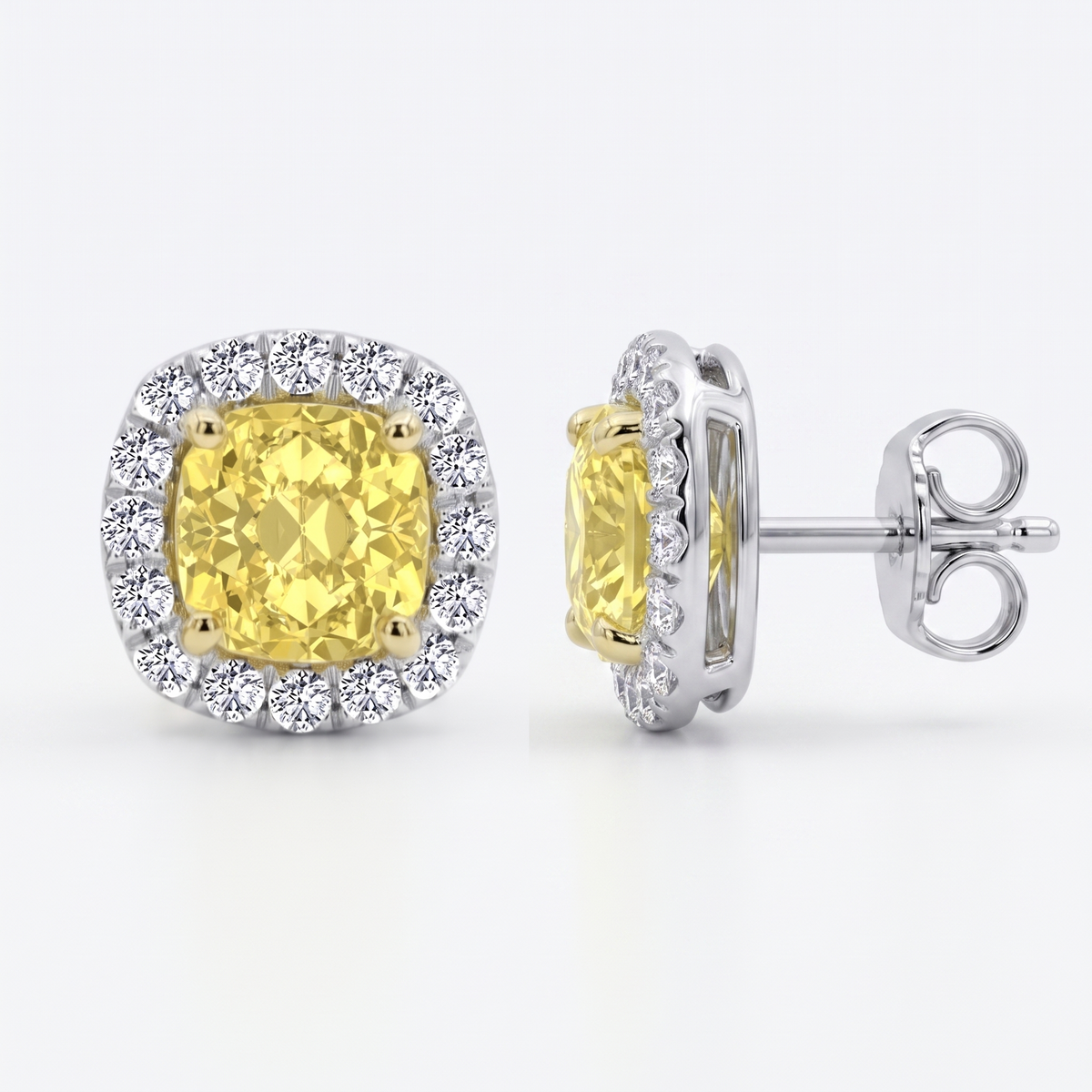 Cushion Cut Natural Fancy Yellow Diamond Halo Studs WG