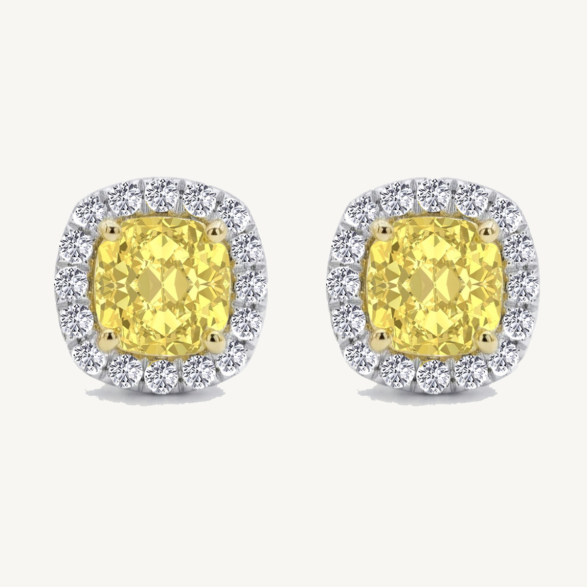 Cushion Cut Natural Fancy Yellow Diamond Halo Studs