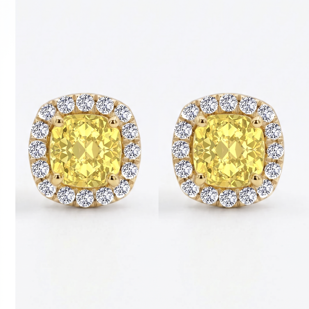 Cushion Cut Natural Fancy Yellow Diamond Halo Studs YG