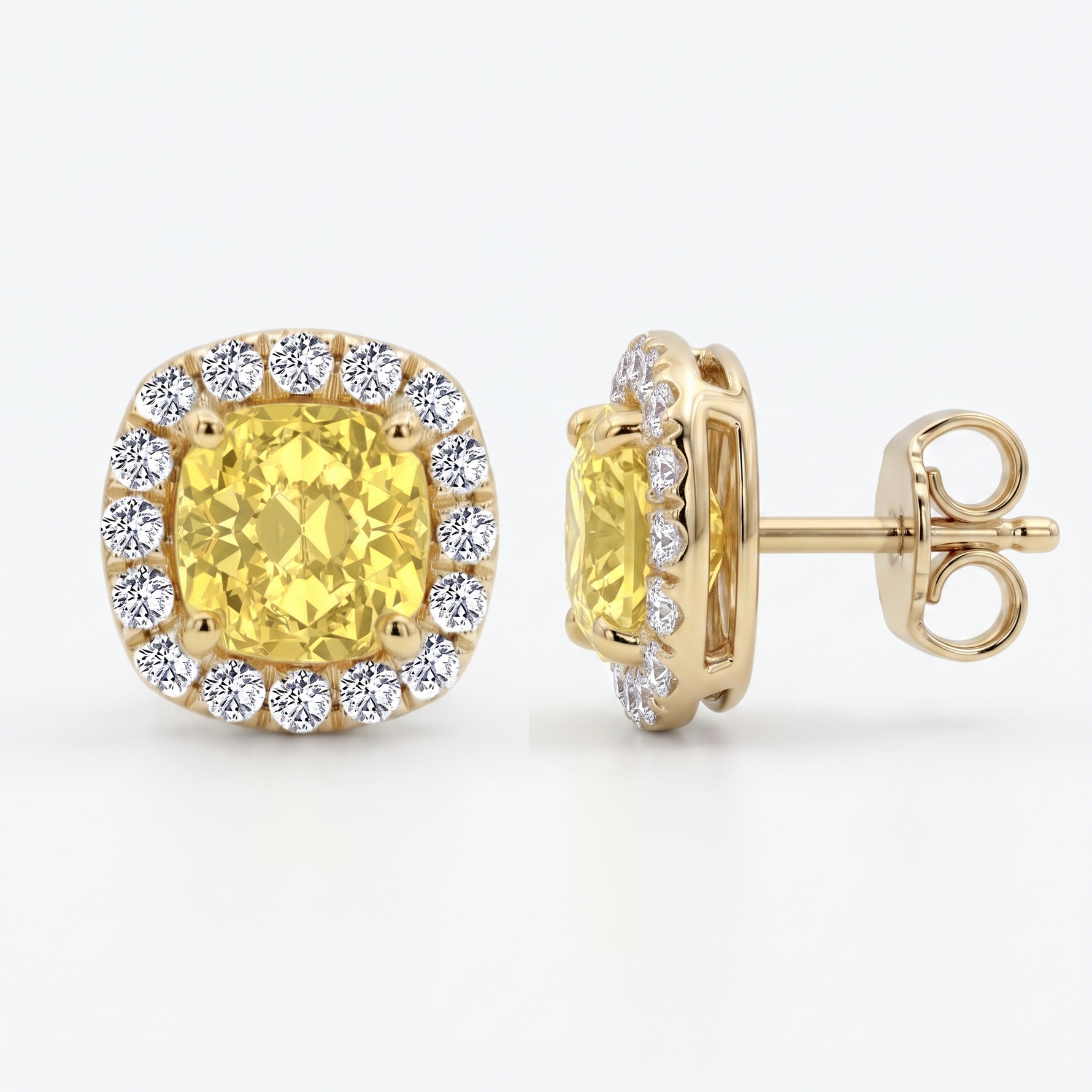 Cushion Cut Natural Fancy Yellow Diamond Halo Studs YG 2