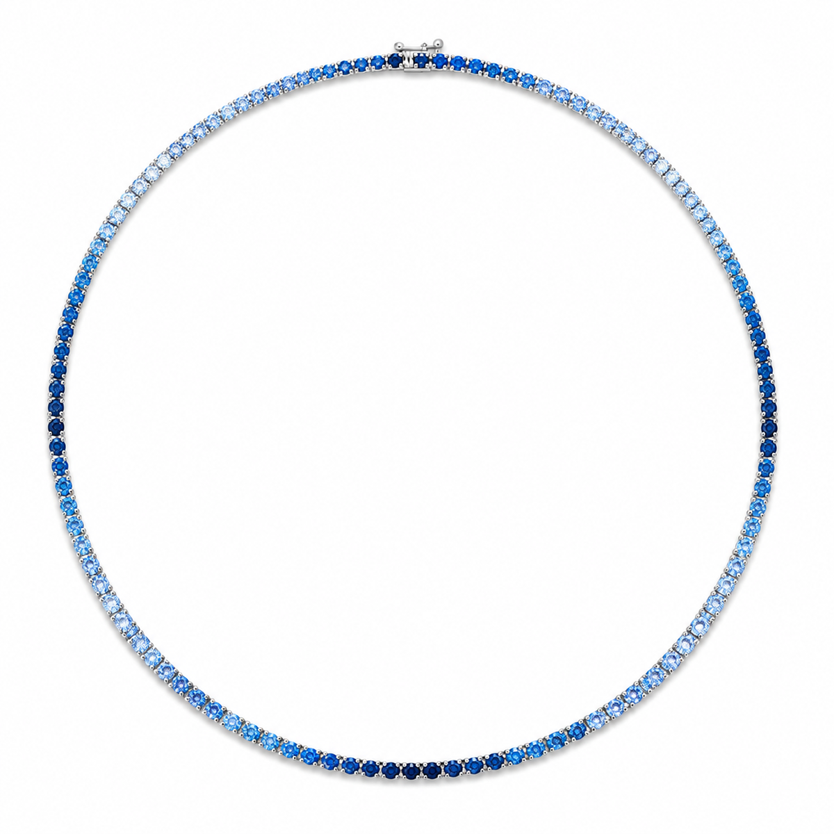 Natural Ombre Blue Sapphire Tennis Necklace  Solid Gold white