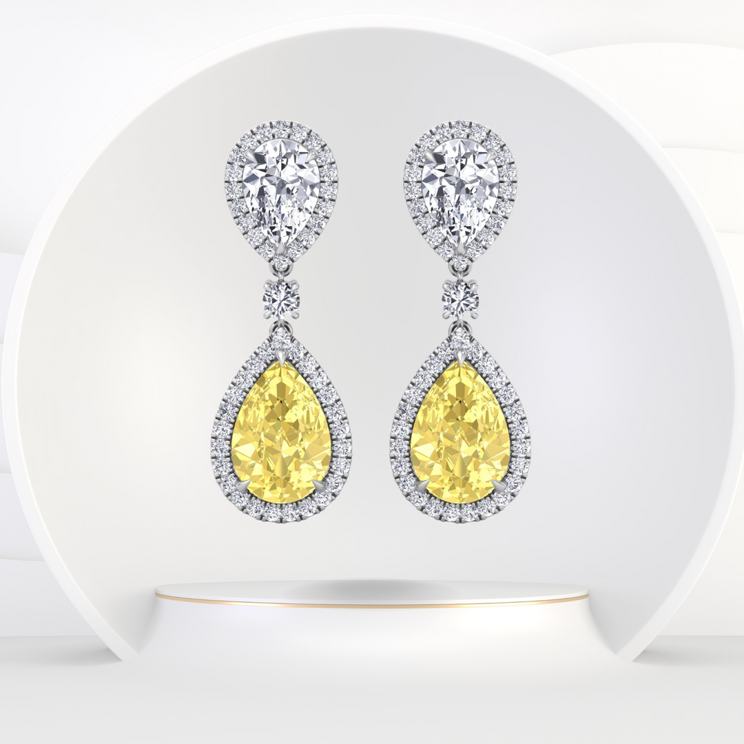 Pear & Round Cut Natural Diamond & Fancy Yellow Diamond Halo Drop Earrings