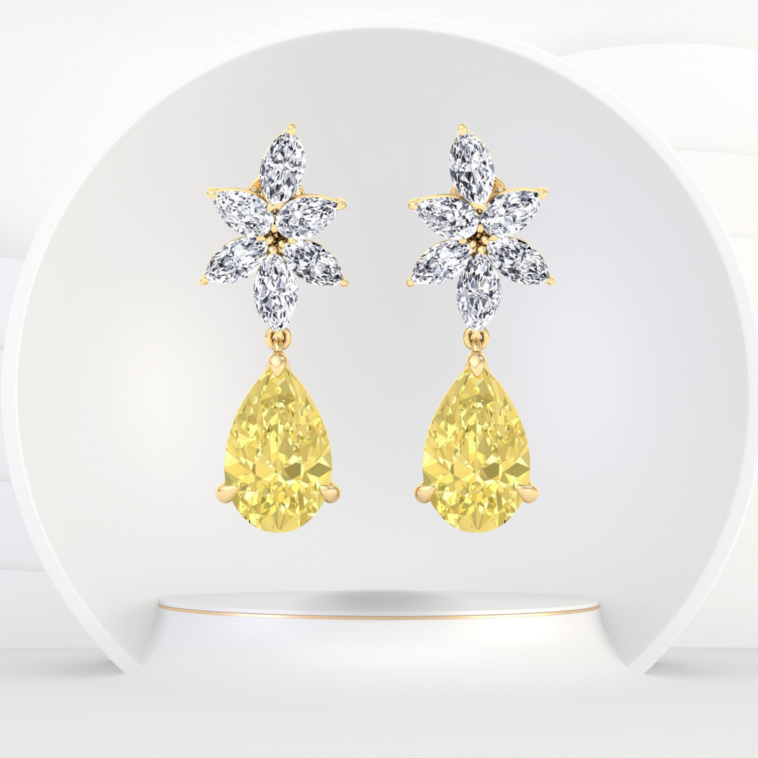 Pear & Marquise Cut Natural Diamond & Fancy Yellow Diamond Cluster Drop Earrings