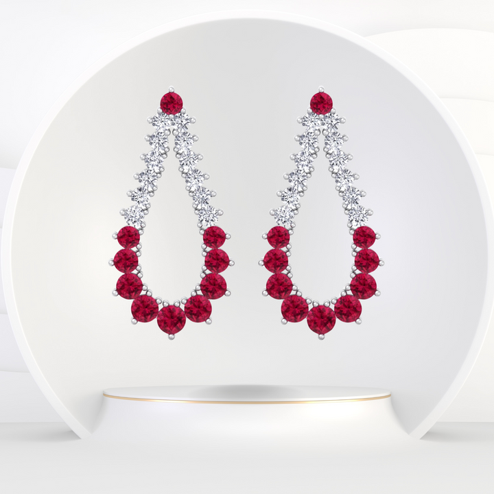 Natural Diamond & Red Ruby Teardrop Shape Fashion Earrings