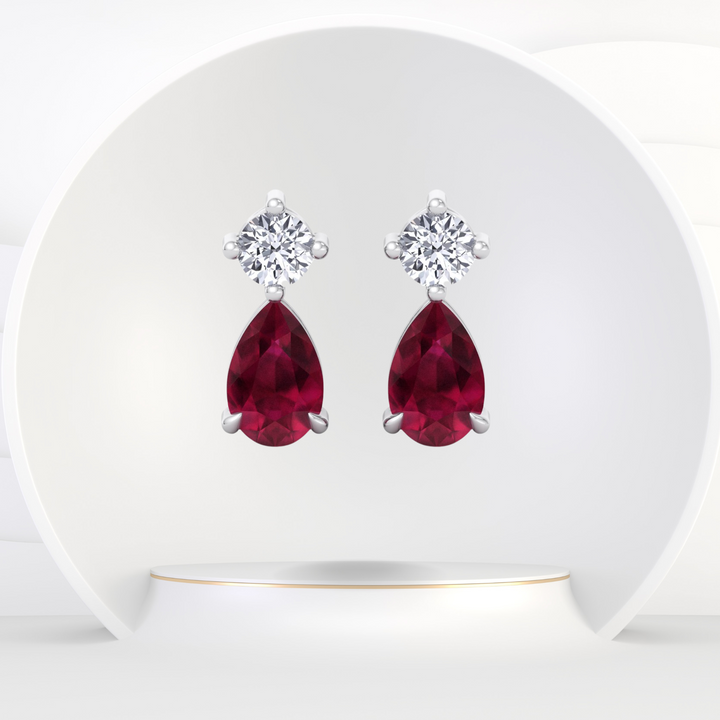 Natural Round Shape Diamond & Pear Shape Red Ruby Drop Earrings