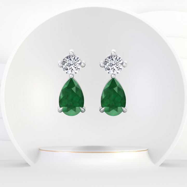 Natural Round Shape Diamond & Pear Shape Green Emerald Drop Earrings