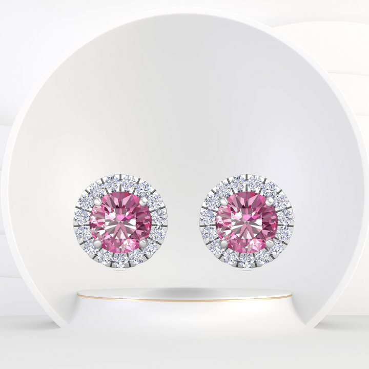 Round Shape Natural Pink Sapphire & Diamond Halo Studs