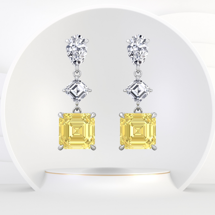 Pear & Asscher Cut Natural Diamond & Fancy Yellow Diamond Drop Earrings