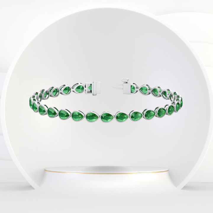 East West Pear Shape Natural Green Emerald Tennis Bracelet