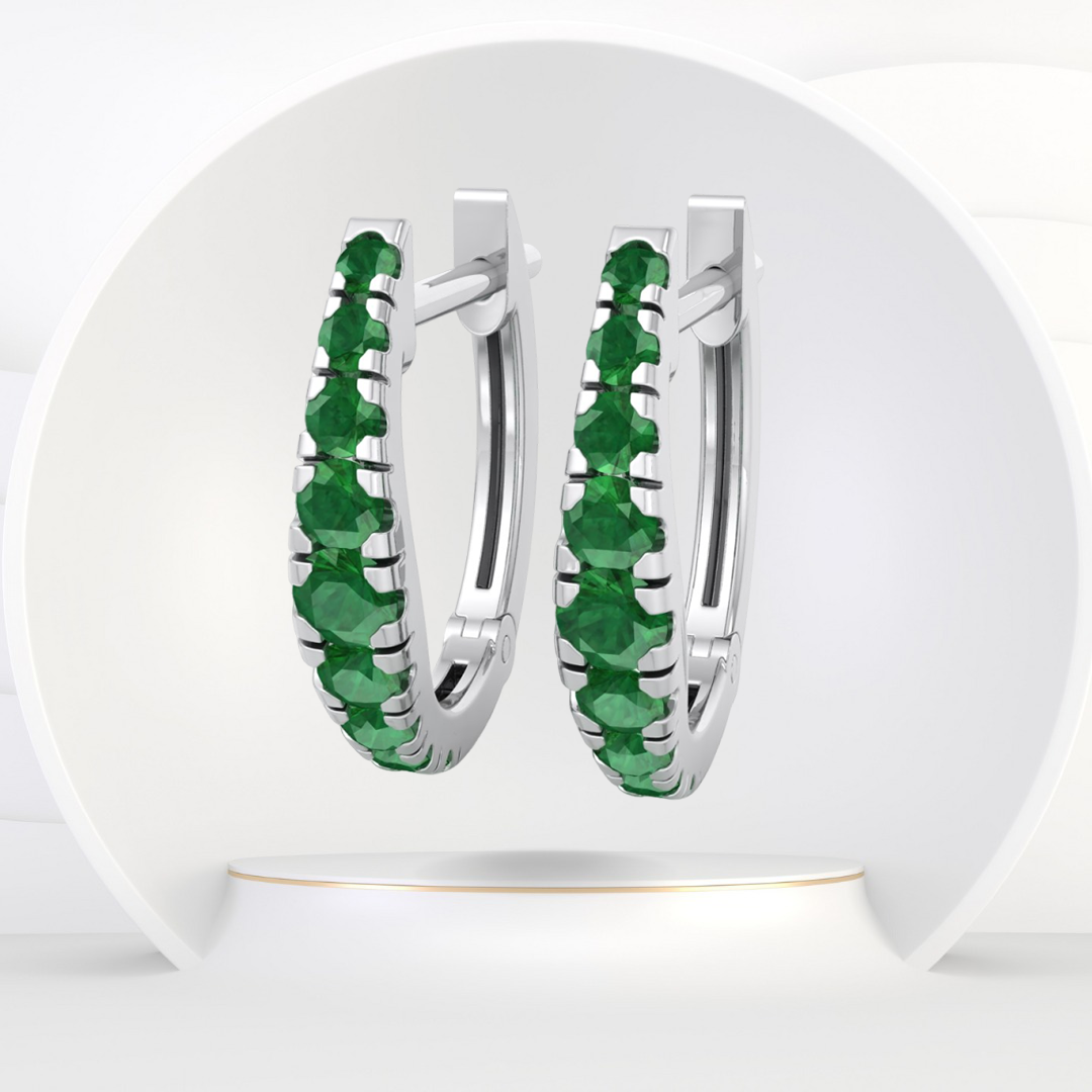 Natural Green Emerald Graduated Round Shape Huggie Hoop Earrings