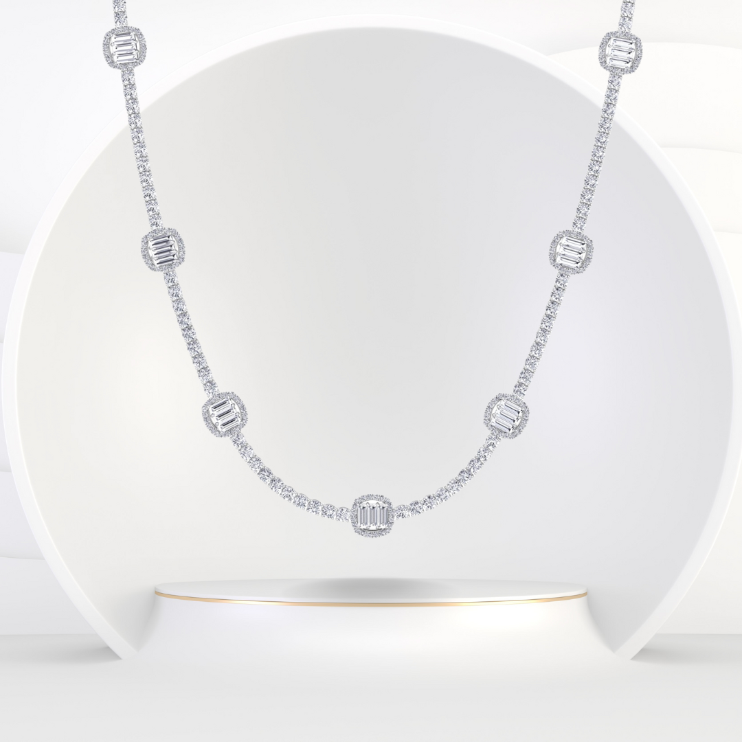 Emerald Shape Halo Station Natural Diamond Tennis Necklace in 14K Solid Gold