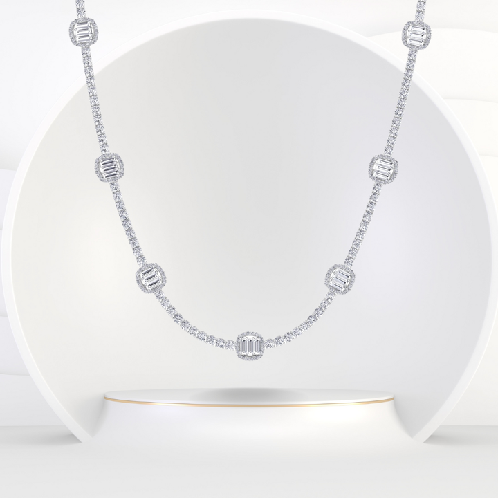 Emerald Shape Halo Station Natural Diamond Tennis Necklace in 14K Solid Gold