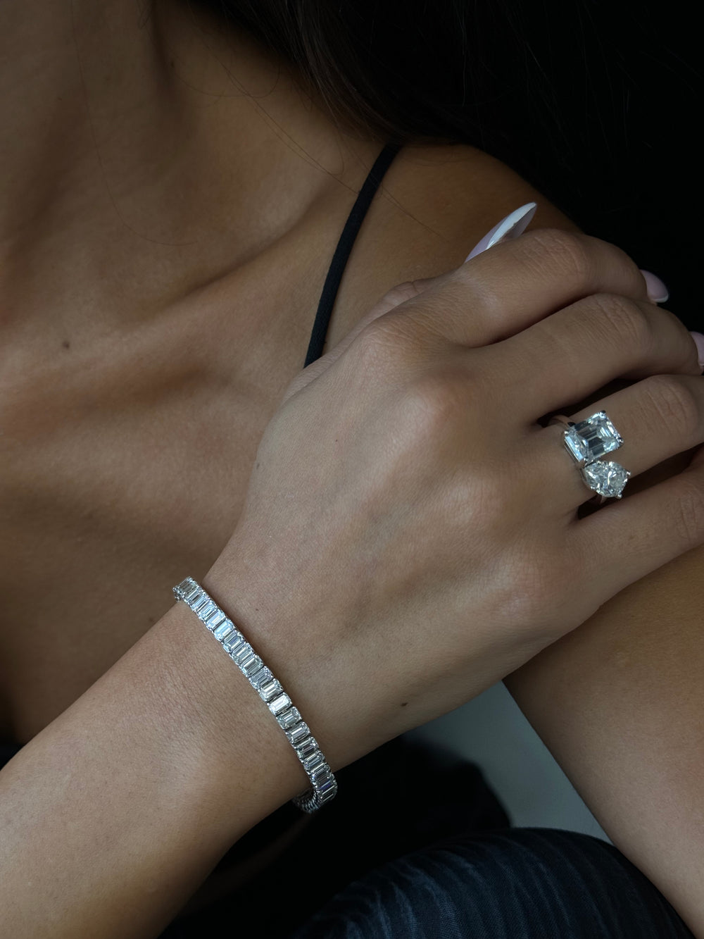 Emerald Cut Natural Diamond Tennis Bracelet Gold, Model Hand