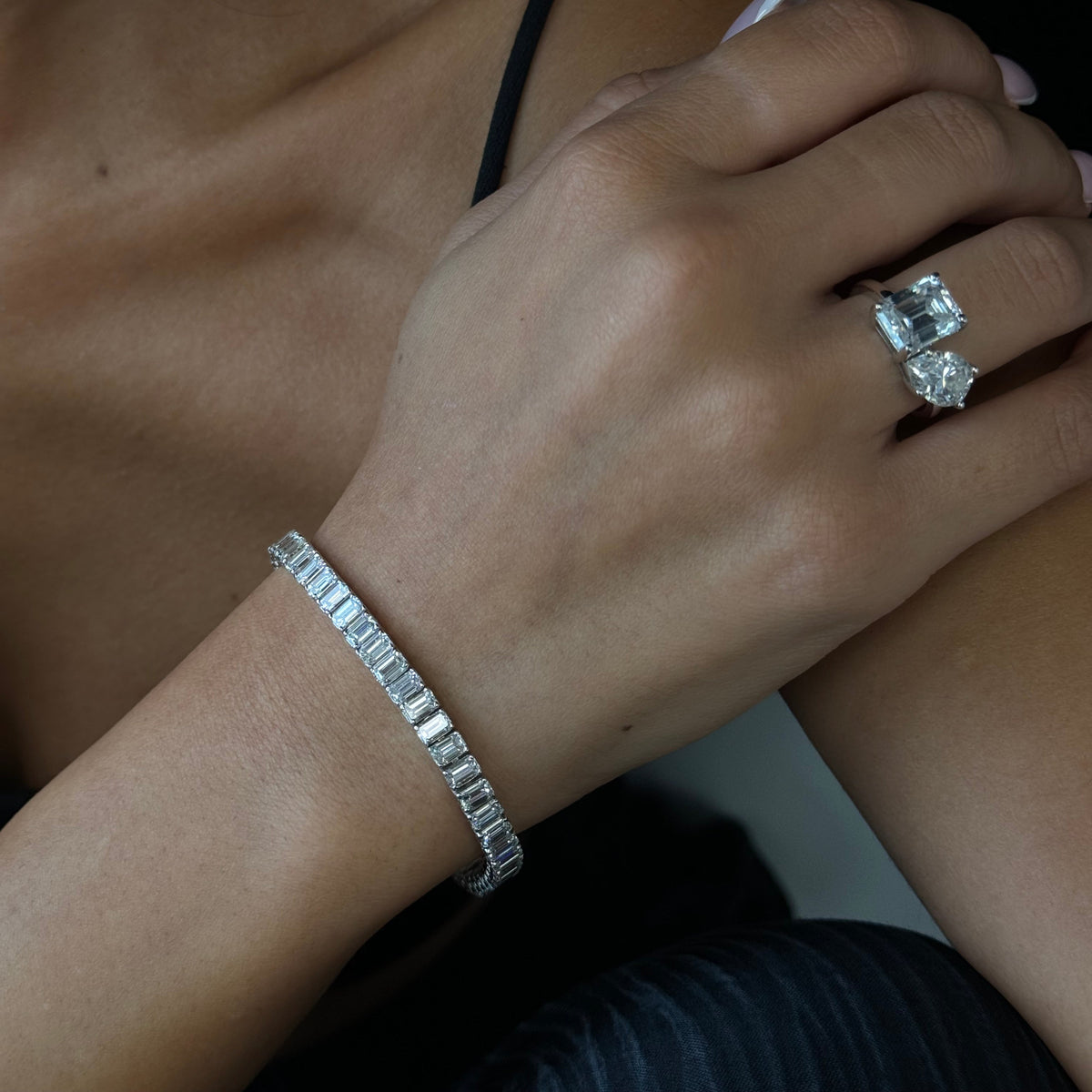 Emerald Cut Natural Diamond Tennis Bracelet Gold, Model Hand
