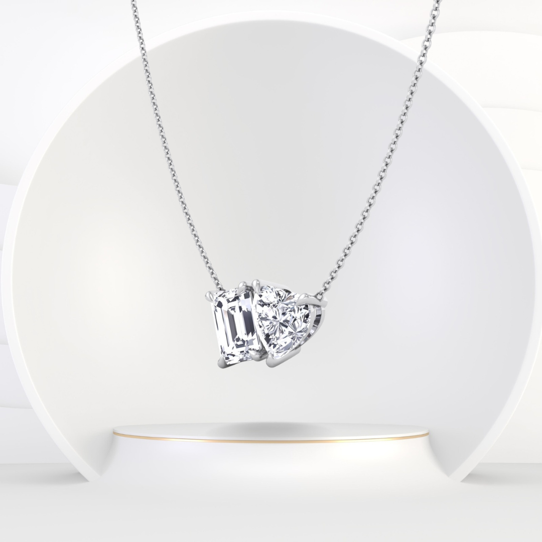 Toi Et Moi Emerald & Heart Shape Natural Diamond Pendant-14K-18K-1CT-2CT