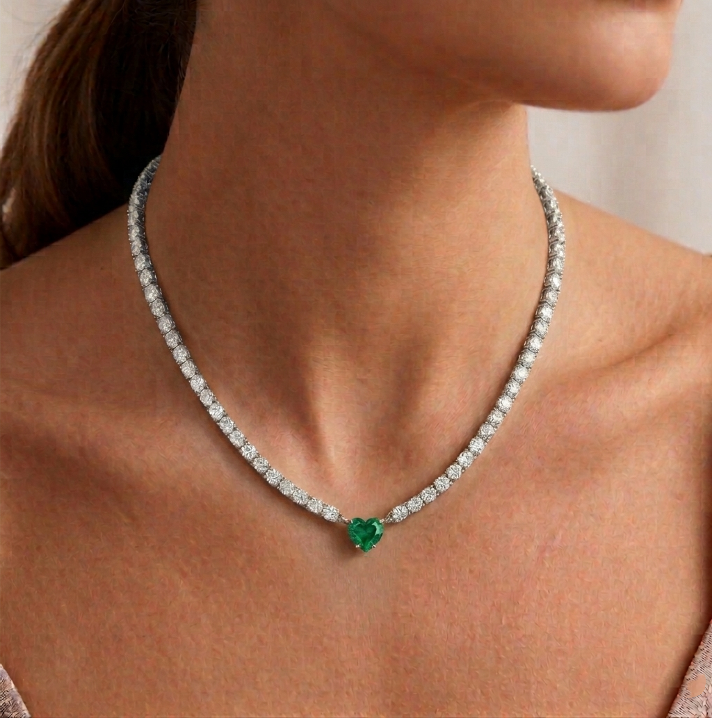 13CT T.W. 4-Prong Tennis Necklace with Green Emerald Heart Shape Pendant