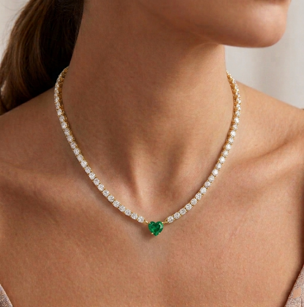 13CT T.W. 3-Prong Tennis Necklace with Green Emerald Heart Shape Pendant