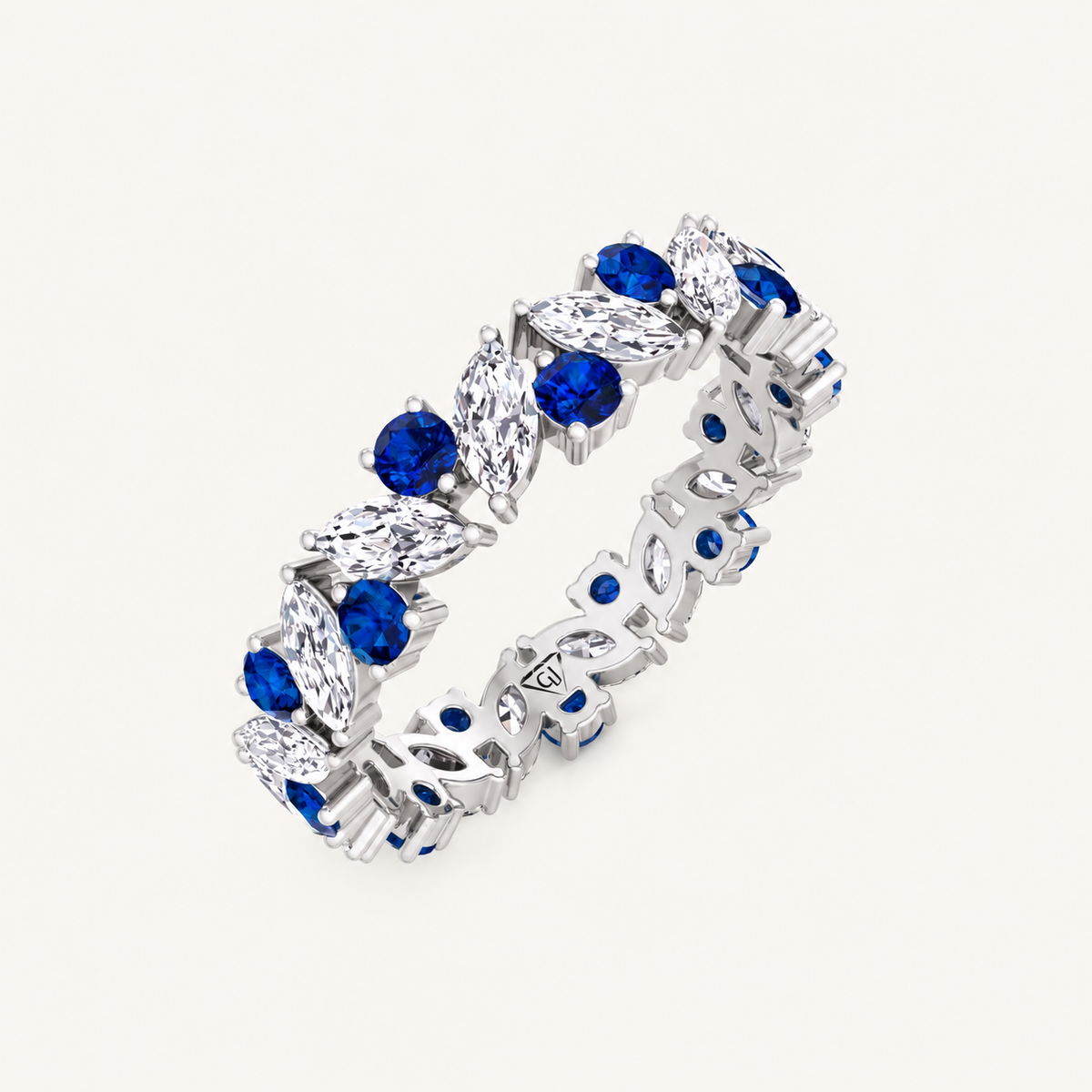 Round Natural Blue Sapphire and Marquise-Cut Natural Diamond Eternity Band 