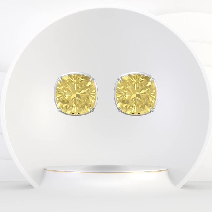 Natural Fancy Yellow Cushion Cut Diamond Studs 