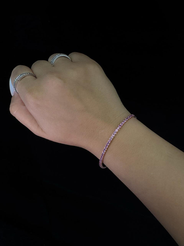 Flexible Natural Pink Sapphire Bangle 14K Solid Gold, Model Hand
