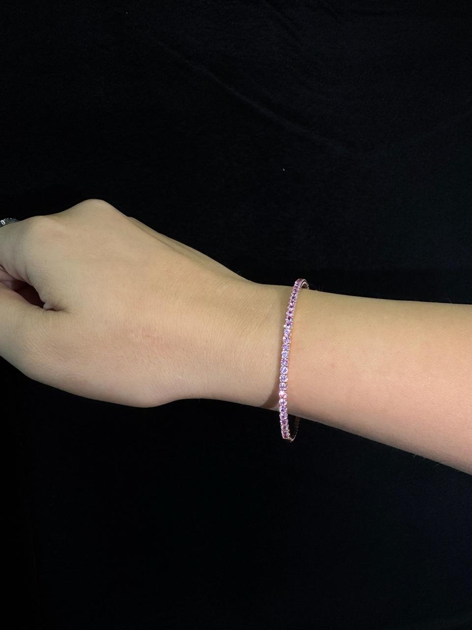 Flexible Natural Pink Sapphire Bangle 14K Yellow Gold, Model Hand