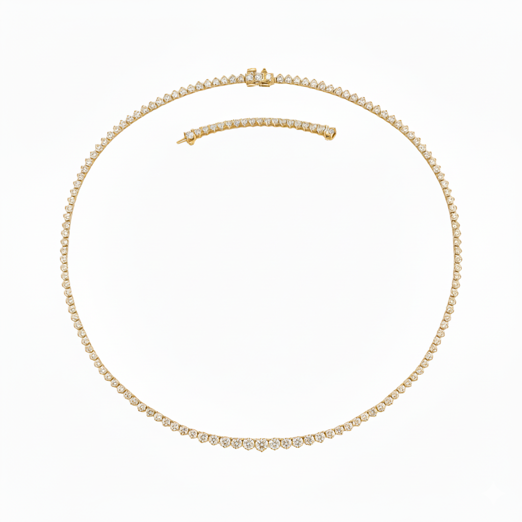 3-Prong Riviera Graduated Natural Diamond Tennis Necklace with Extender Yellow Gold