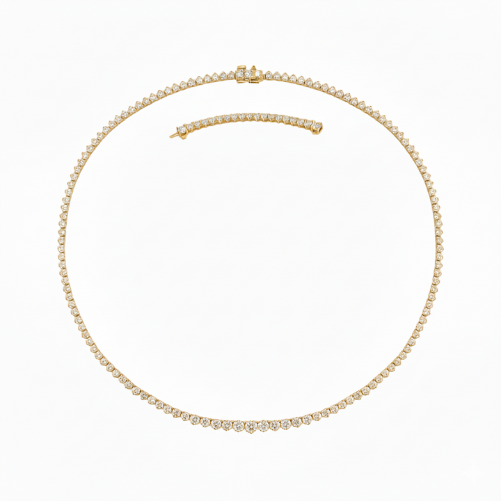 3-Prong Riviera Graduated Natural Diamond Tennis Necklace with Extender Yellow Gold