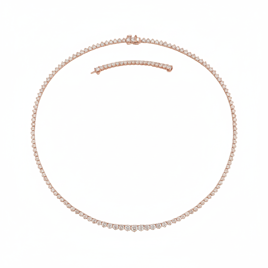 3-Prong Riviera Graduated Natural Diamond Tennis Necklace with Extender Rose Gold