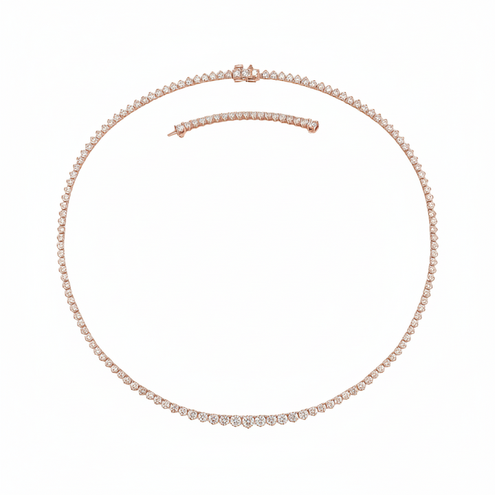3-Prong Riviera Graduated Natural Diamond Tennis Necklace with Extender Rose Gold