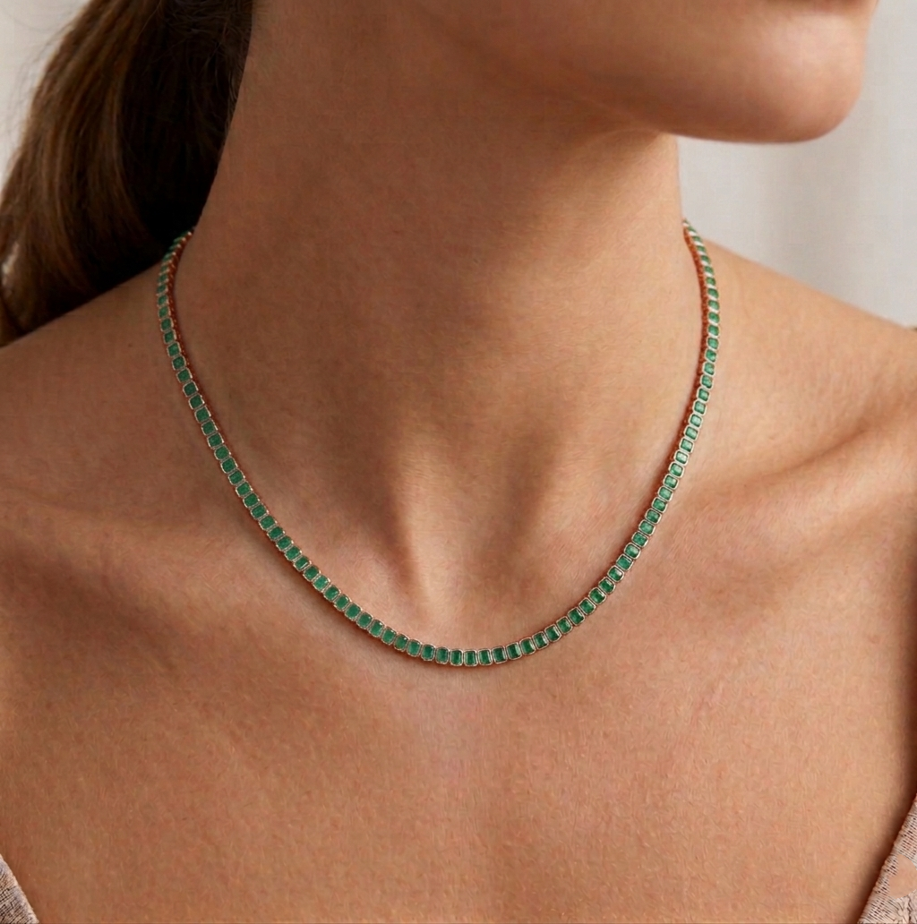 Emerald Cut Bezel Set Natural Green Emerald Tennis Necklace lifestyle RG