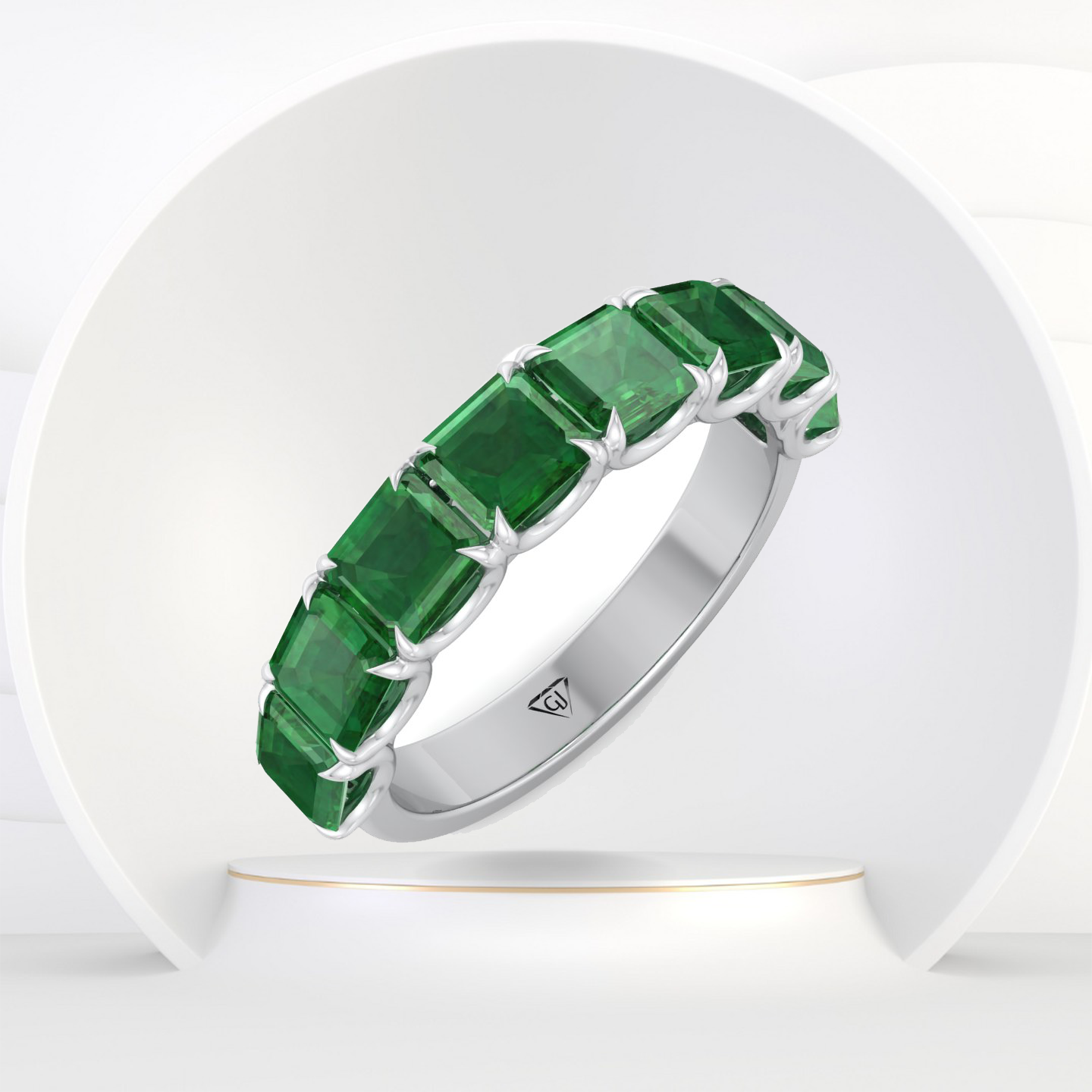 Green Emerald in Emerald Cut Half Eternity Band