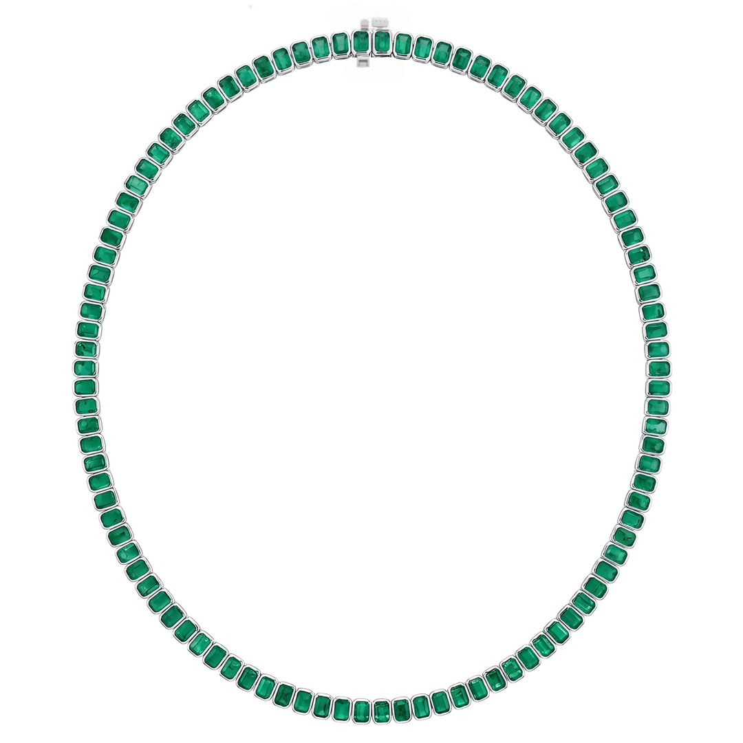 Emerald Cut Bezel Set Natural Green Emerald Tennis Necklace WG