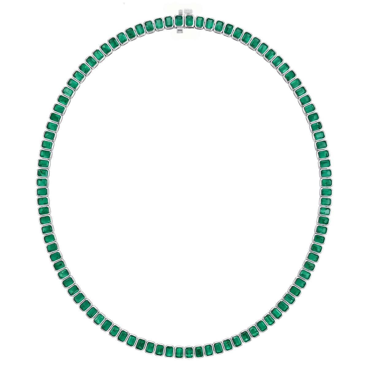 Emerald Cut Bezel Set Natural Green Emerald Tennis Necklace WG