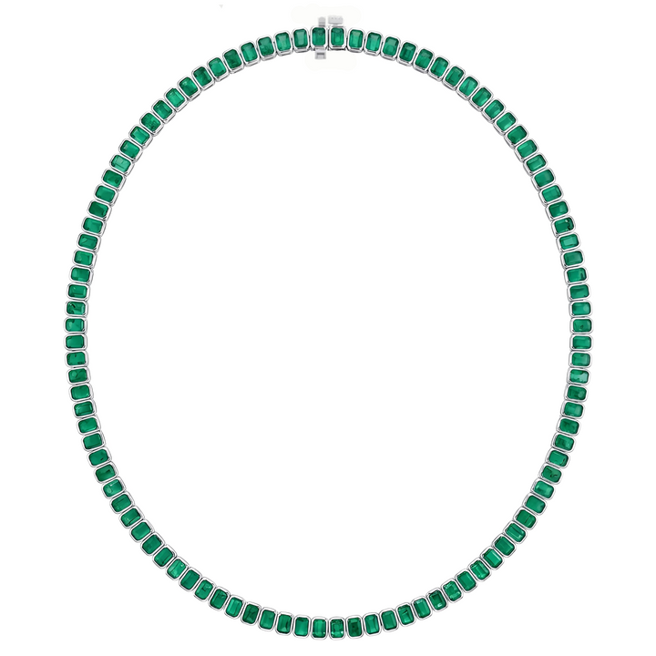 Emerald Cut Bezel Set Natural Green Emerald Tennis Necklace WG