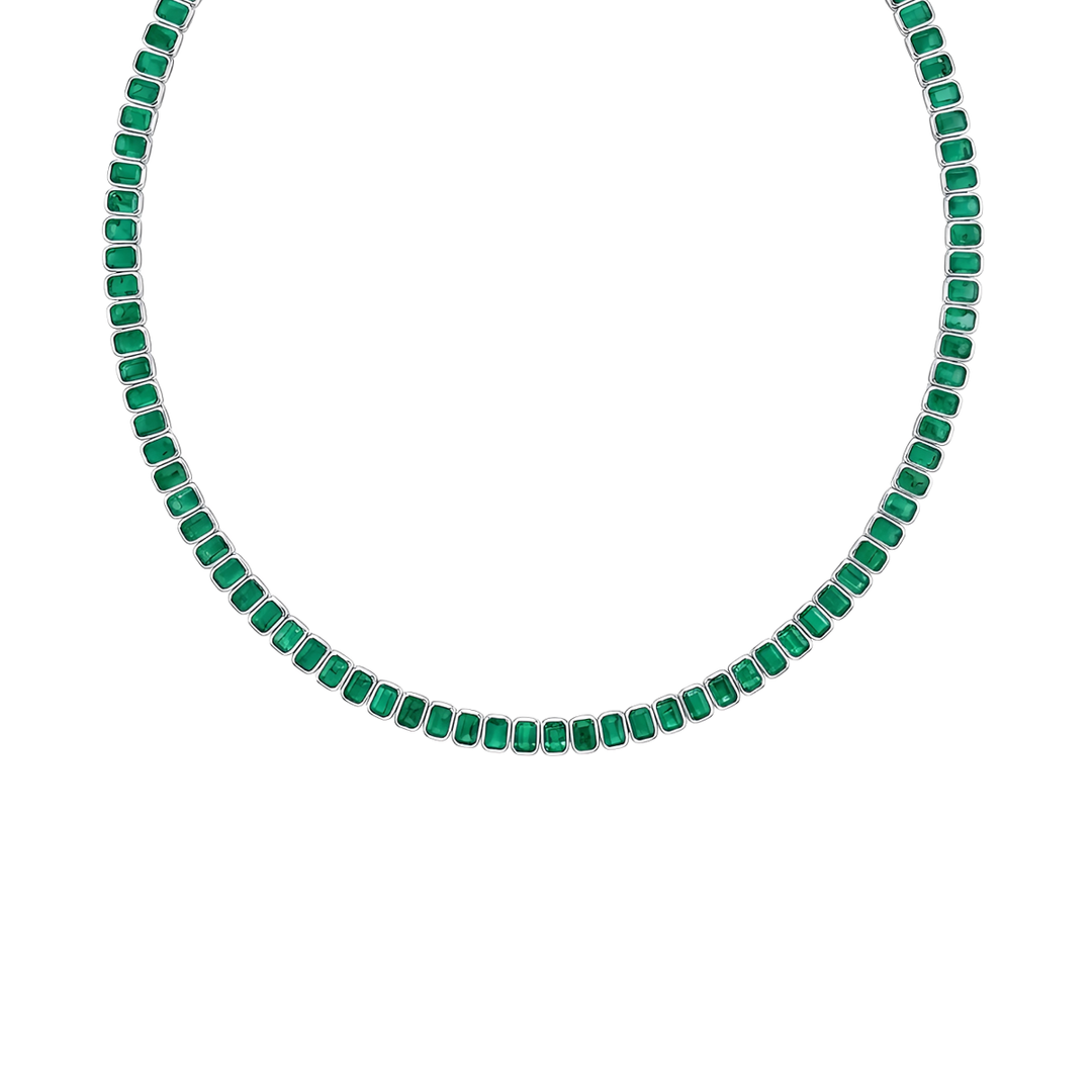 Emerald Cut Bezel Set Natural Green Emerald Tennis Necklace WG 2