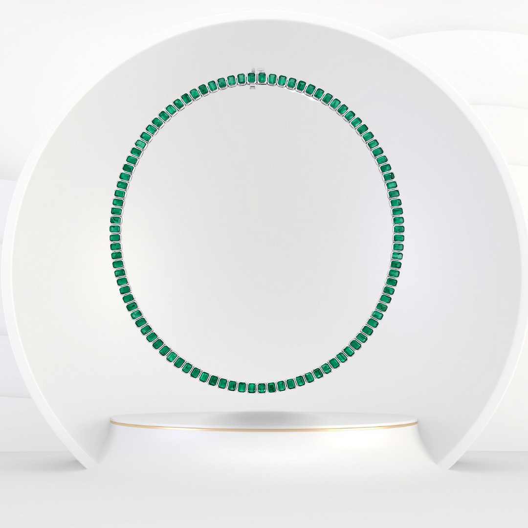 Emerald Cut Bezel Set Natural Green Emerald Tennis Necklace