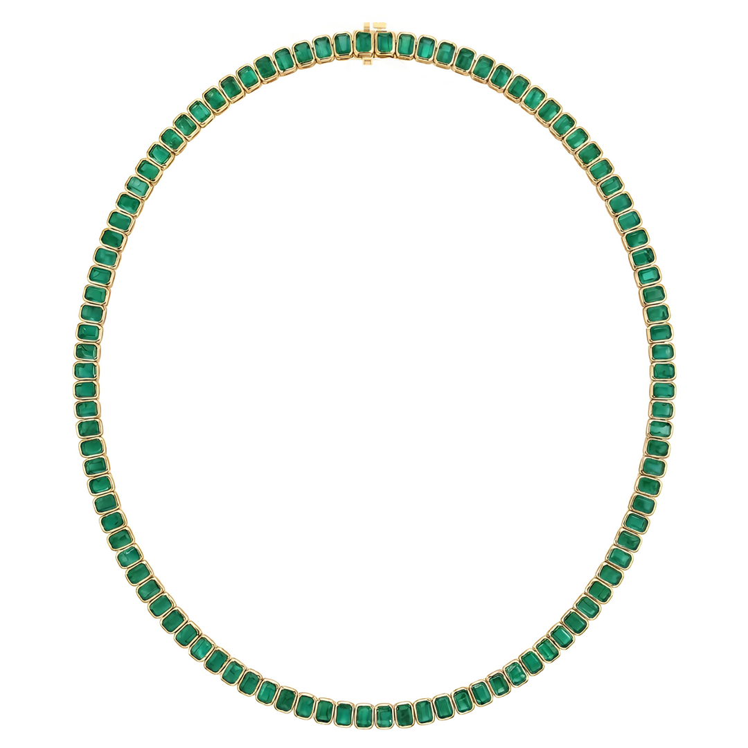 Emerald Cut Bezel Set Natural Green Emerald Tennis Necklace YG