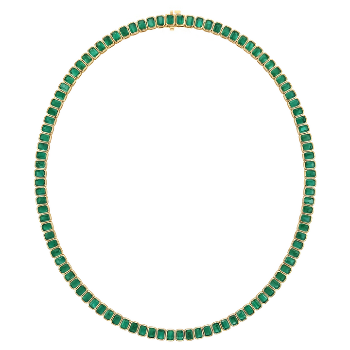 Emerald Cut Bezel Set Natural Green Emerald Tennis Necklace YG
