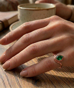 Hand wearing a green gemstone ring on a wooden surface with a cup and book in the background