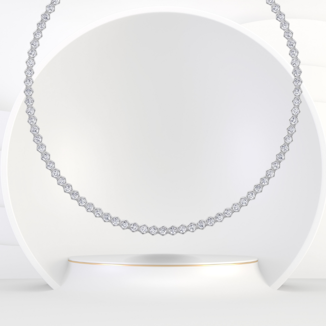 Hexagonal Bezel Set Natural Diamond Tennis Necklace