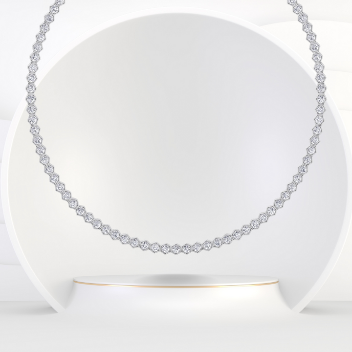 Hexagonal Bezel Set Natural Diamond Tennis Necklace