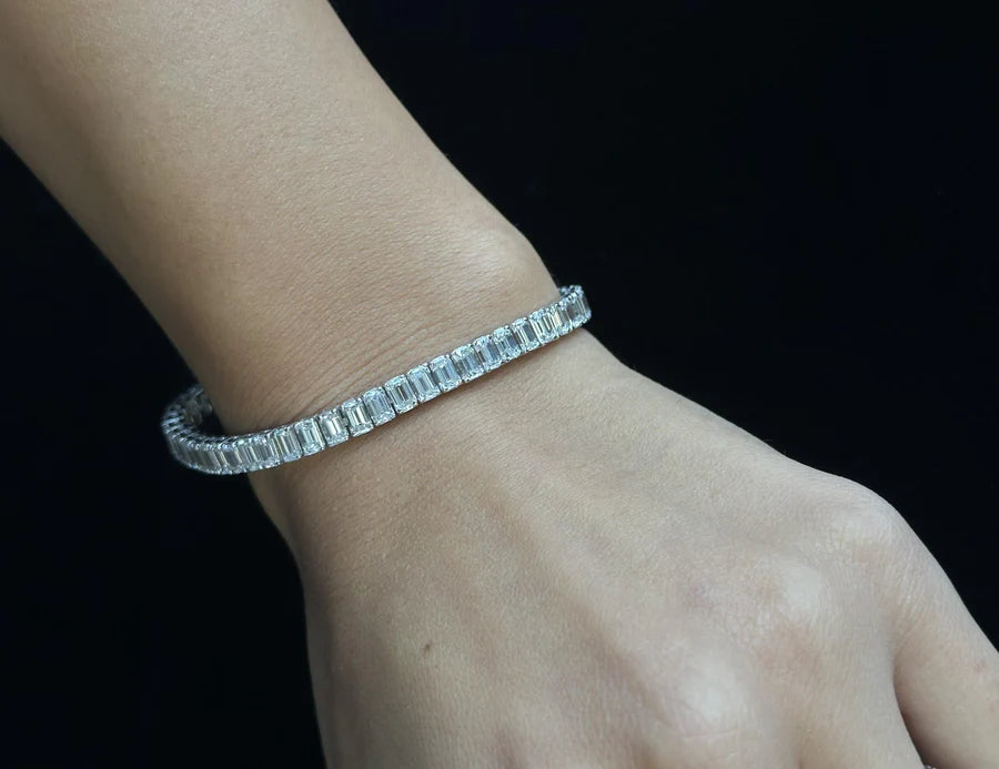 14.41CT T.W Emerald Cut Natural Diamond Tennis Bracelet 14K White Gold