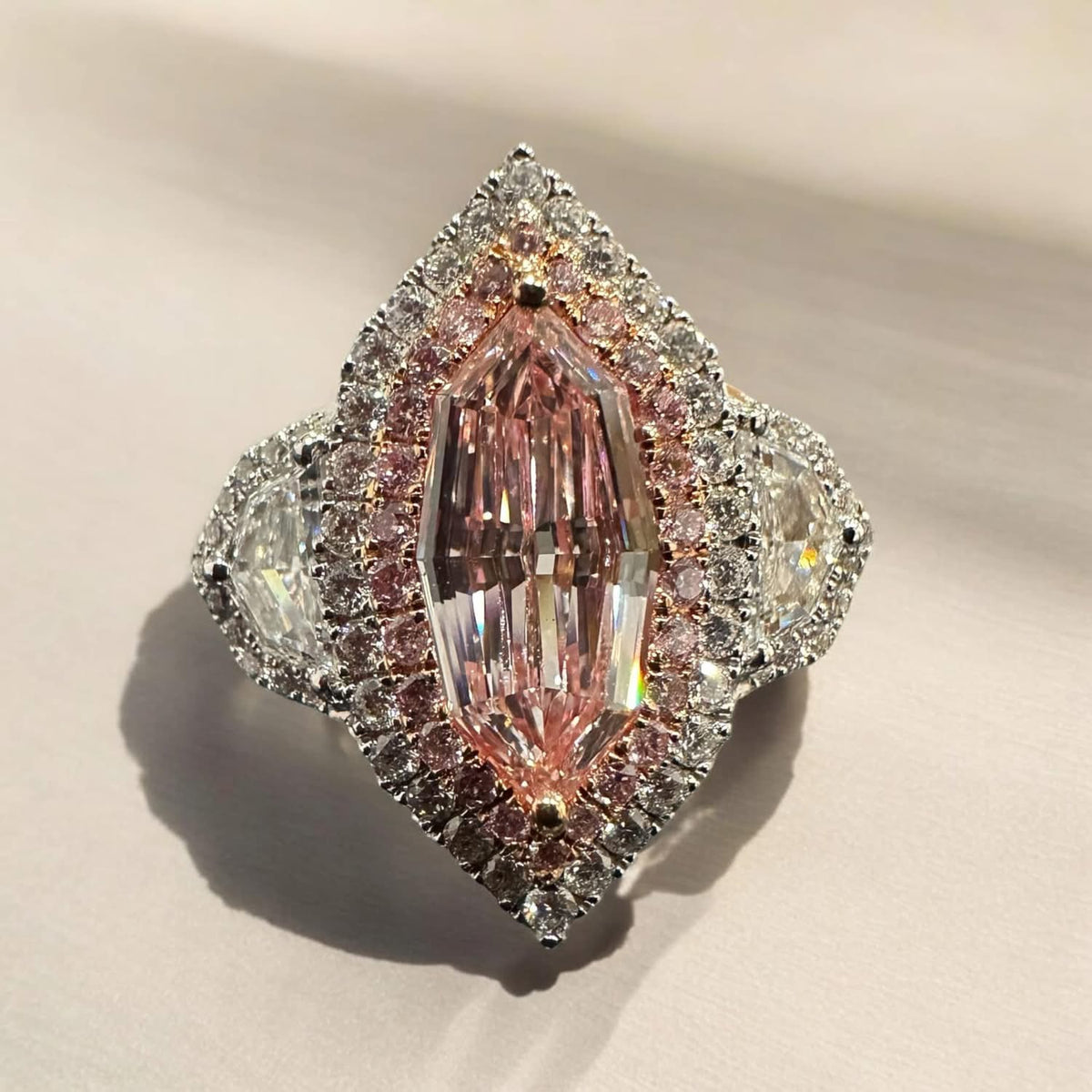 1.08CT Light Pink-Brown Marquise Step Cut Diamond Engagement Ring 18K White Gold
