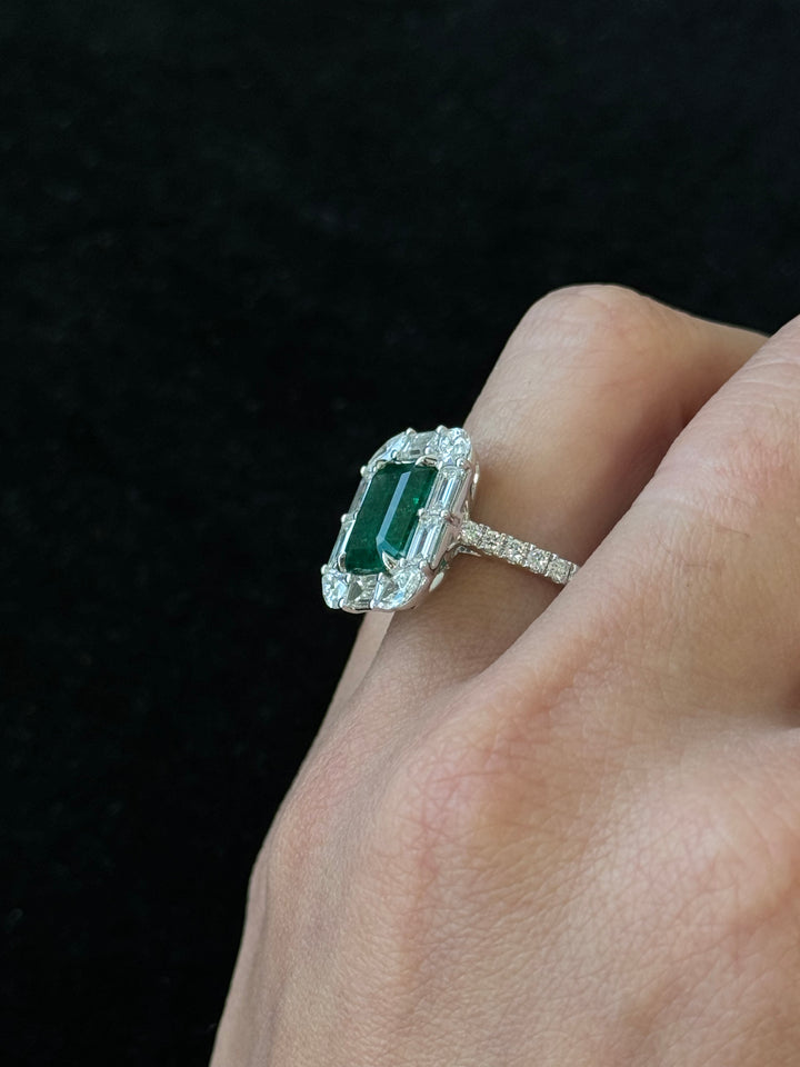 3.49CT Emerald Shape Natural Green Emerald Engagement Ring with Marquise, Baguette, and Round Side Stones 18K White Gold