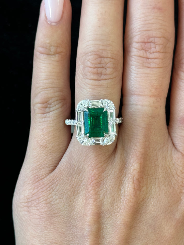 3.49CT Emerald Shape Natural Green Emerald Engagement Ring with Marquise, Baguette, and Round Side Stones 18K White Gold