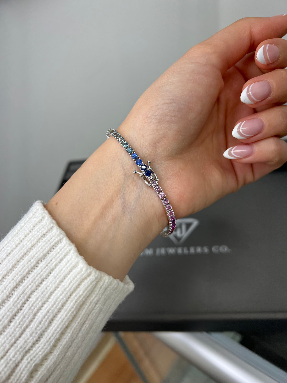 5.84 Carat Rainbow Colors Natural Sapphire Tennis Bracelet In 14K White Gold - Gem Jewelers Co